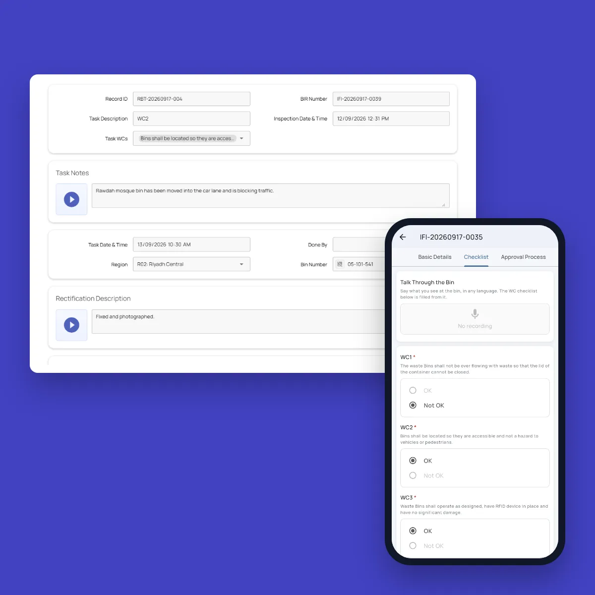 Fieldmaster.ai follow-up task raised from a bin inspection, with the task note and the rectification, next to the inspection checklist in Fieldmaster Pocket