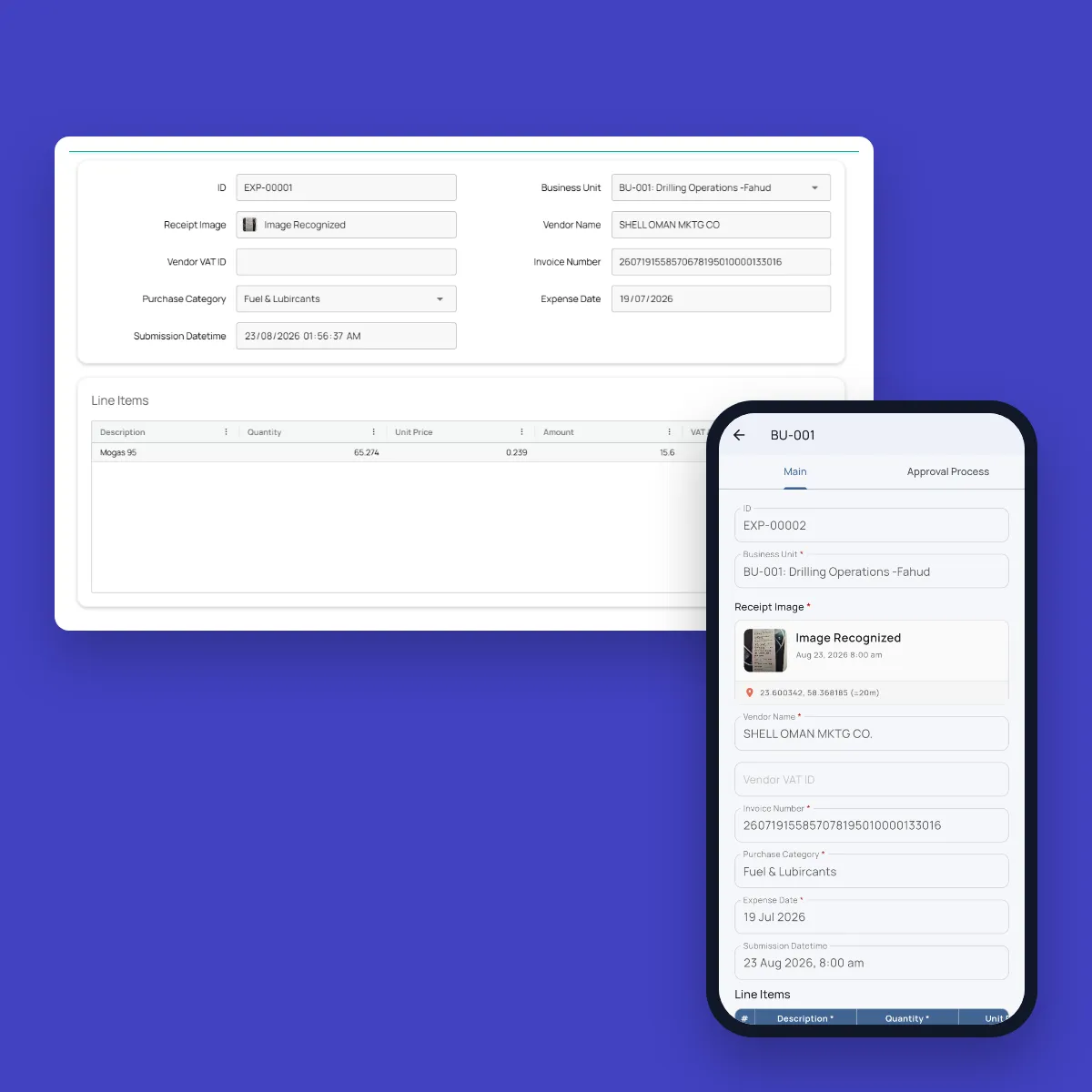 A fuel receipt read by AI in the web console, with the vendor, invoice number, date, category and line item filled in, next to another fuel receipt in the Fieldmaster Pocket app with its receipt photo and GPS location