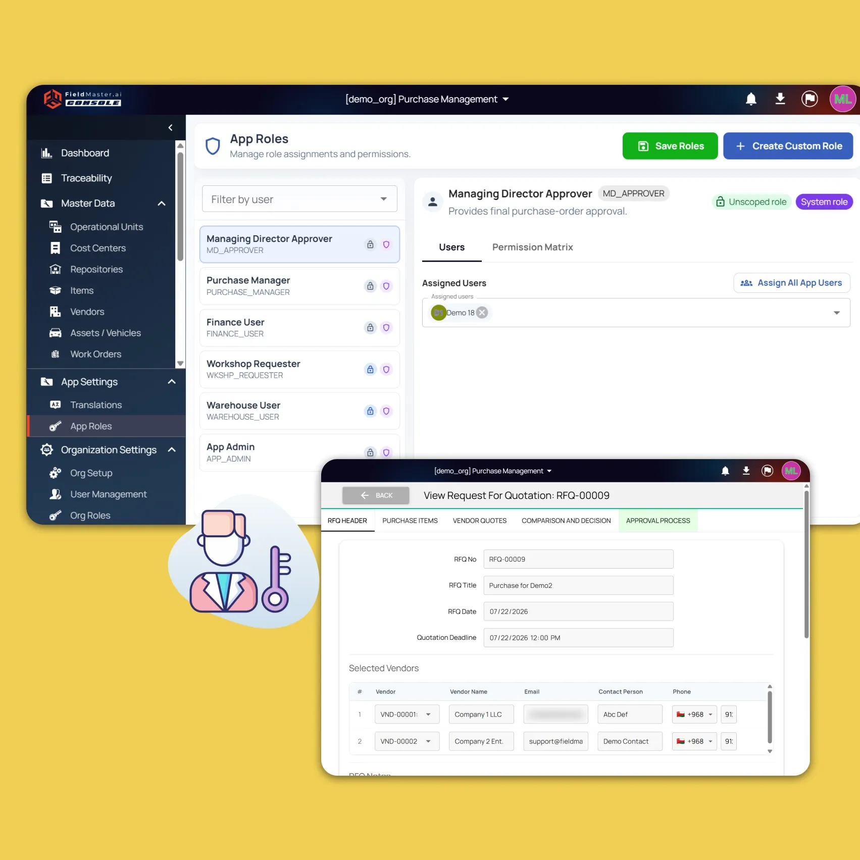 Fieldmaster.ai screens showing app roles and a Request for Quotation with its selected vendors