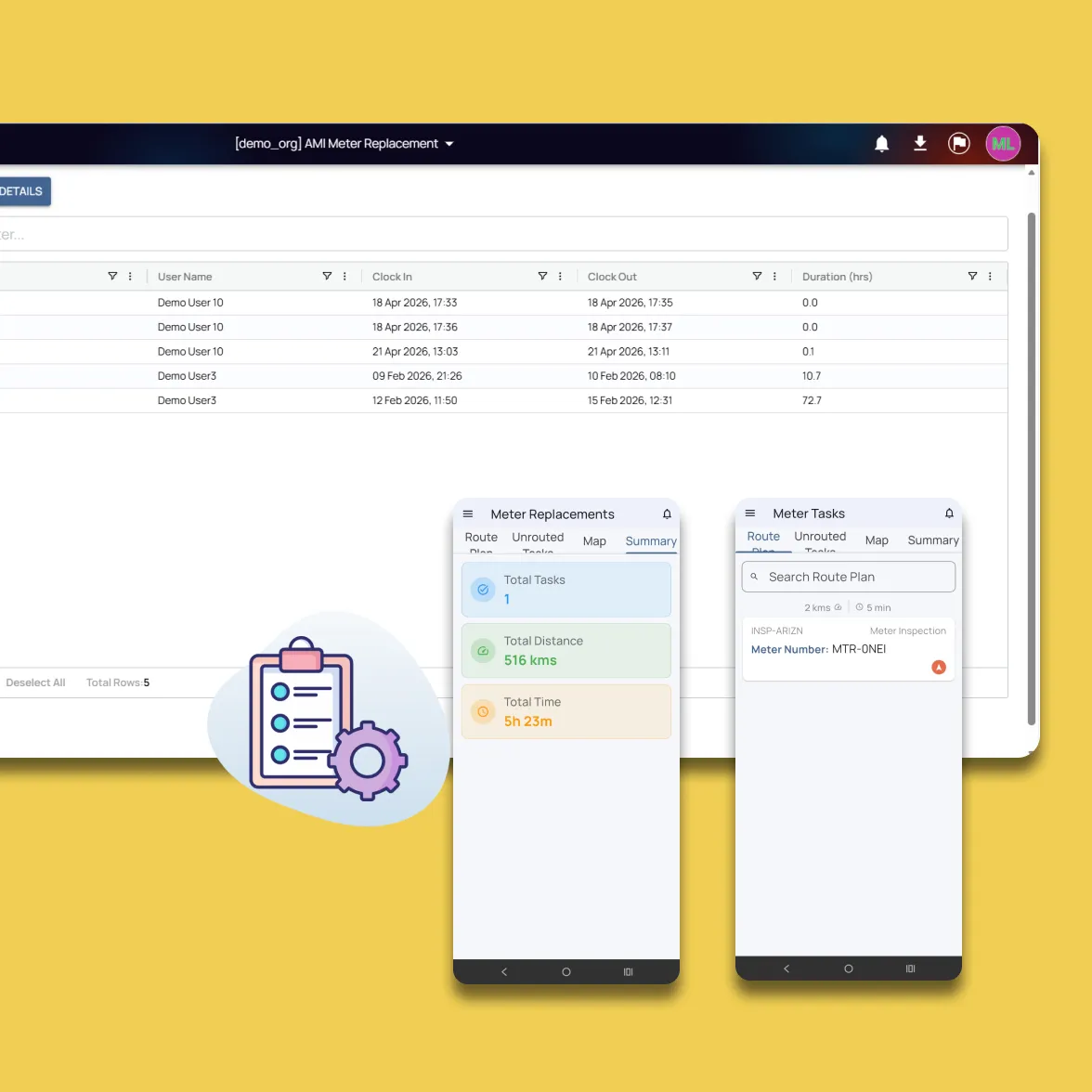 Fieldmaster.ai screen showing a time report next to the technician app’s task summary and route plan