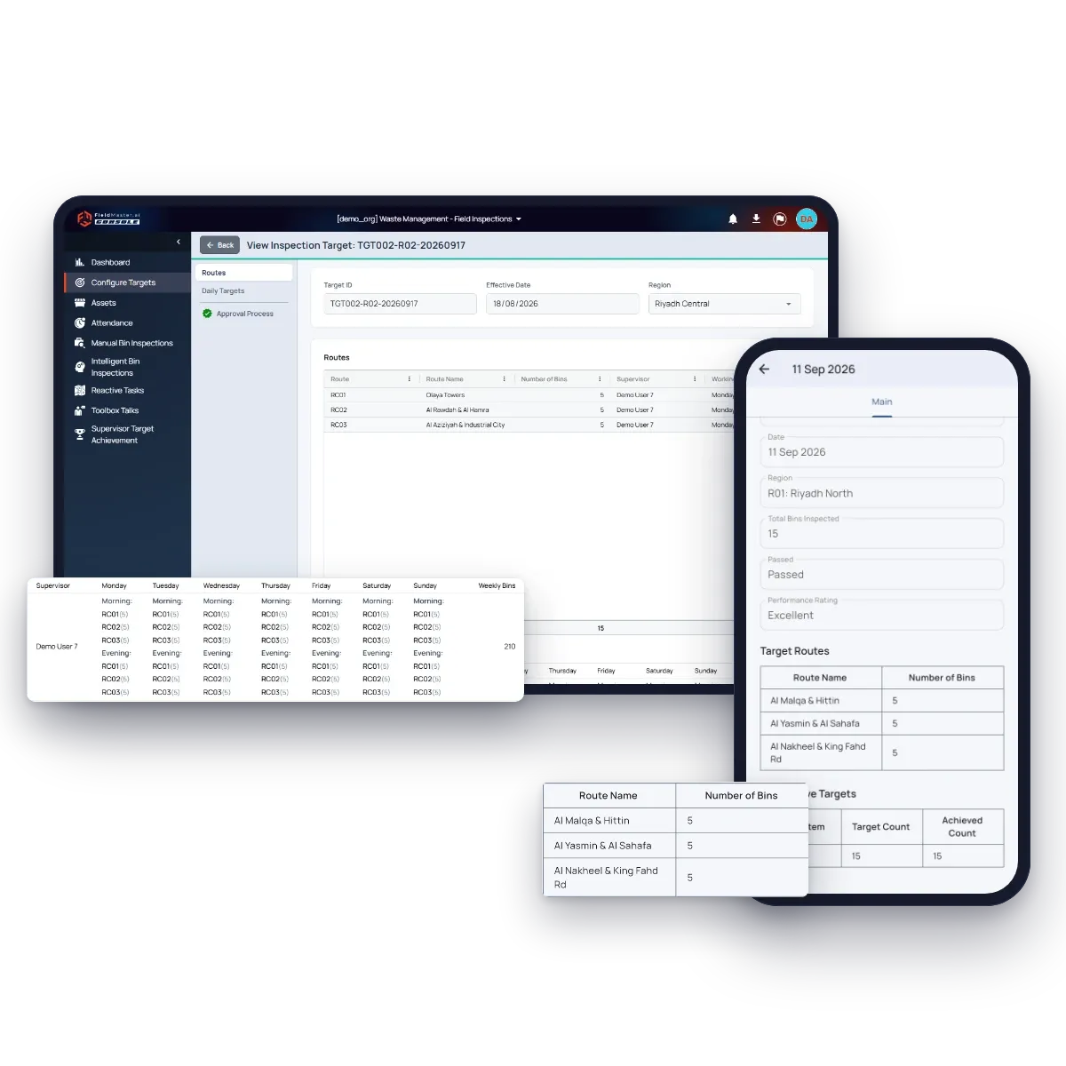Fieldmaster.ai inspection target with its routes and the weekly supervisor roster of morning and evening routes, next to a supervisor’s daily target in Fieldmaster Pocket