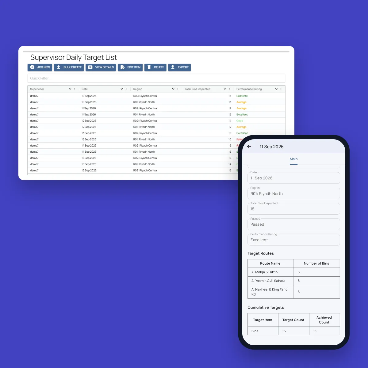 Fieldmaster.ai supervisor daily target list with performance ratings, next to one day’s scorecard in Fieldmaster Pocket