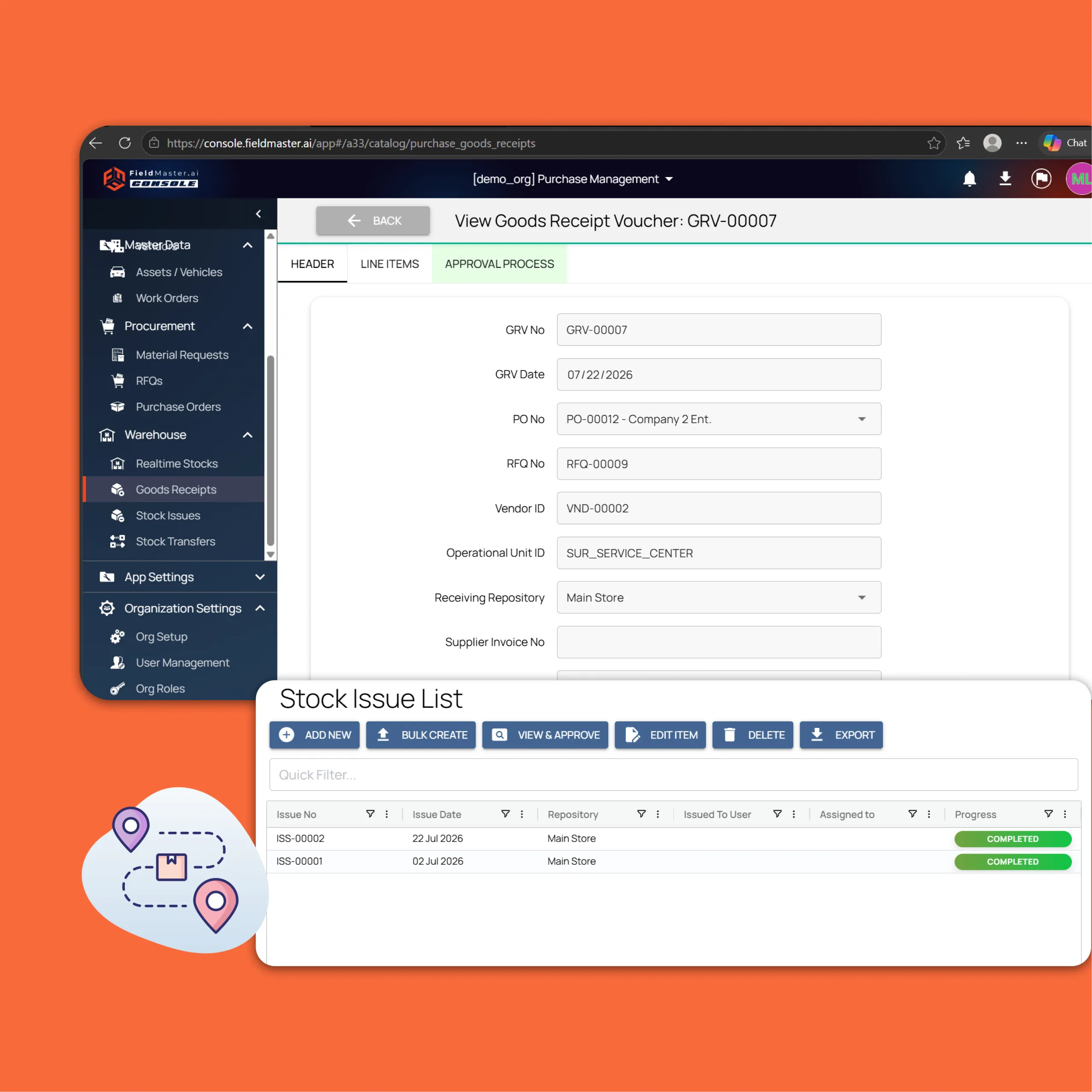 Fieldmaster.ai screen showing a goods receipt voucher and the stock issue list