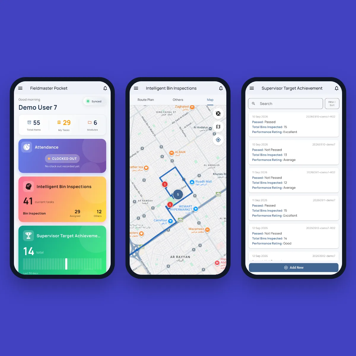 Three Fieldmaster Pocket screens: a supervisor’s home screen, the bin inspection route on a map and the daily target list