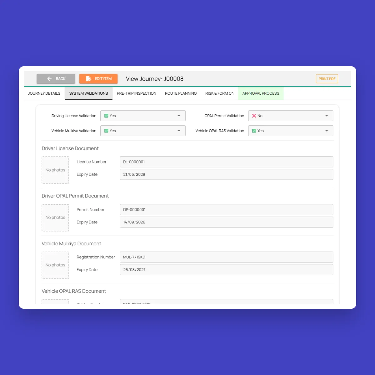 Fieldmaster.ai system validation for a journey: licence, Mulkiya and OPAL RAS passed, the driver’s OPAL permit failed, with each document’s expiry date