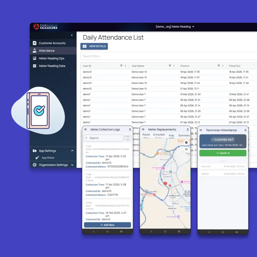 Fieldmaster.ai screen showing the technician app’s collection log, task map and clock-in screen next to the office attendance list