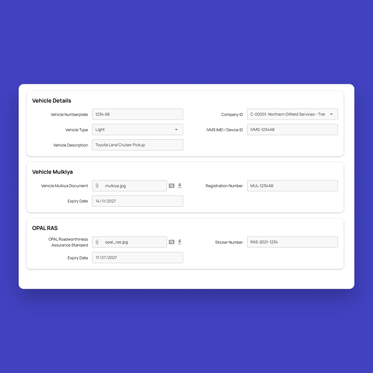 Fieldmaster.ai vehicle record with Mulkiya registration and OPAL RAS certificate, each with its expiry date