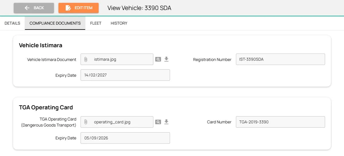 Fieldmaster.ai vehicle record with the Istimara registration and TGA operating card, each with a document file, number and expiry date