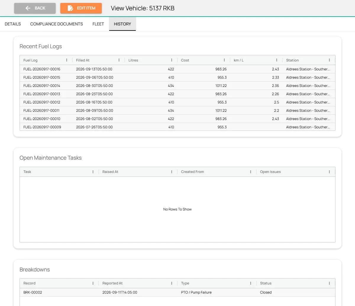 Fieldmaster.ai vehicle history showing recent fuel fills with km per litre, open maintenance tasks and a closed breakdown