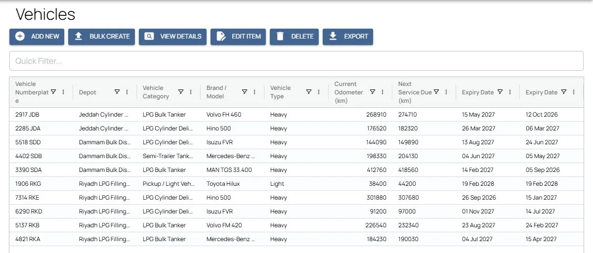 Fieldmaster.ai vehicle register listing trucks by depot, category, odometer, next service due and document expiry dates