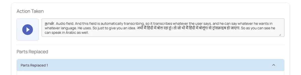 Fieldmaster.ai voice note on a maintenance task with its transcript in Tamil, English and Hindi