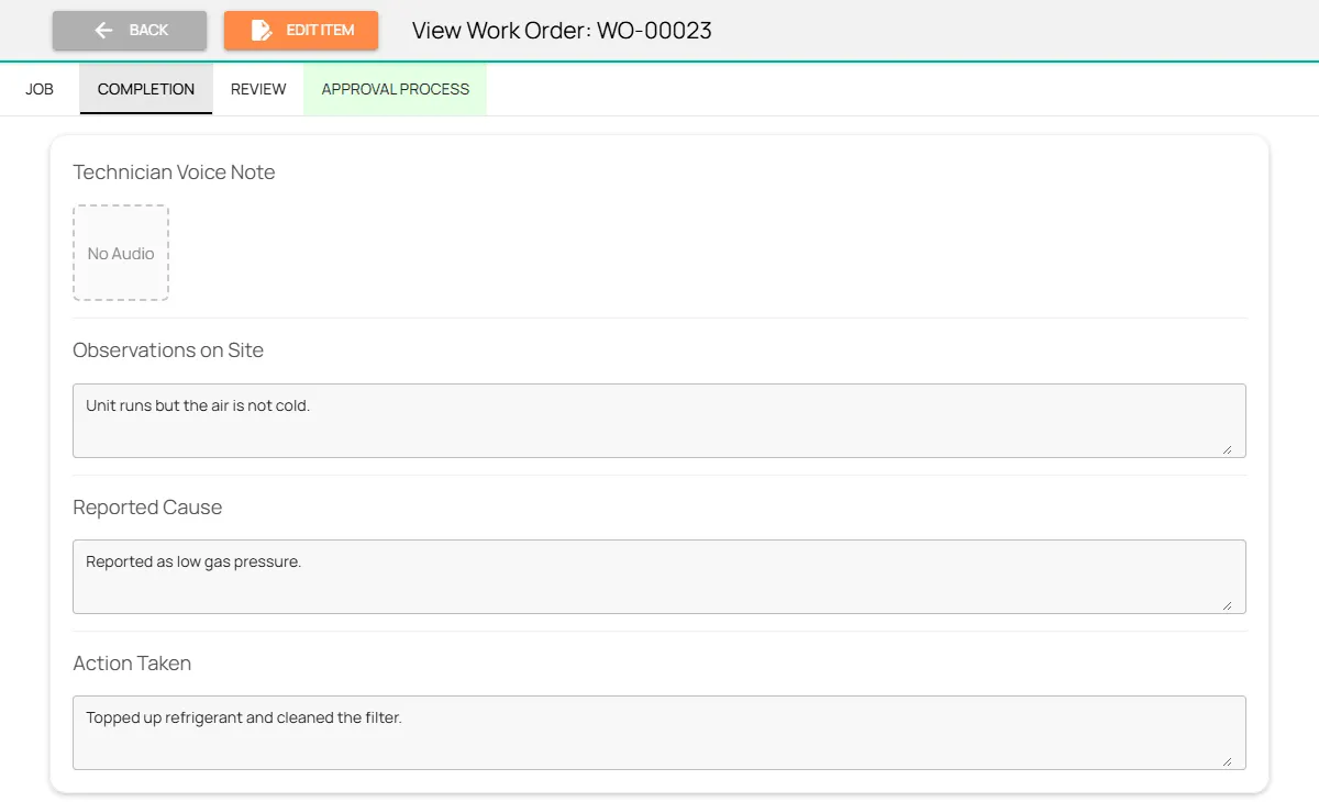 Fieldmaster.ai work order completion tab with the technician’s observations, reported cause and action taken