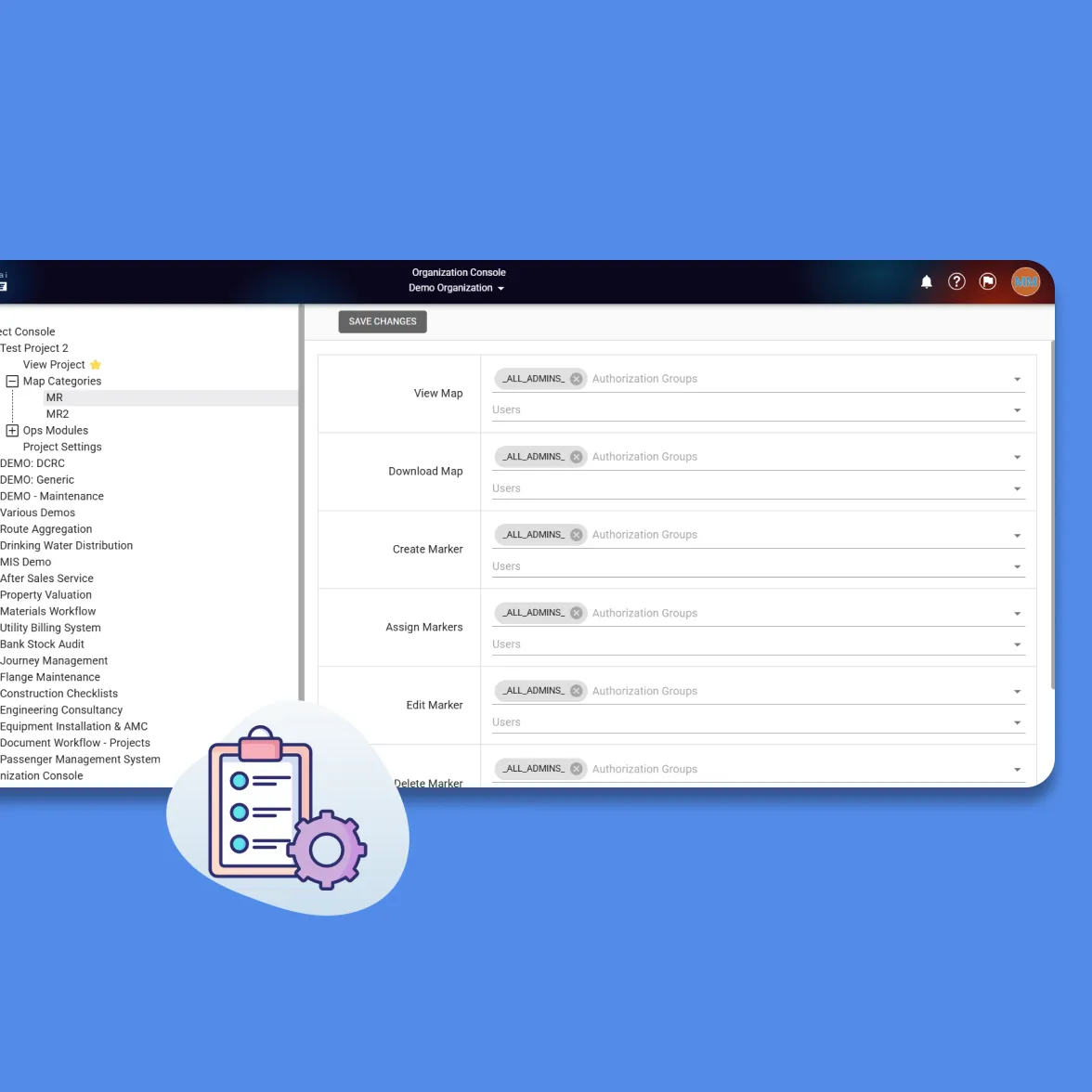 Fieldmaster.ai organization console listing many projects, with access settings for viewing, creating and assigning map markers by authorization group