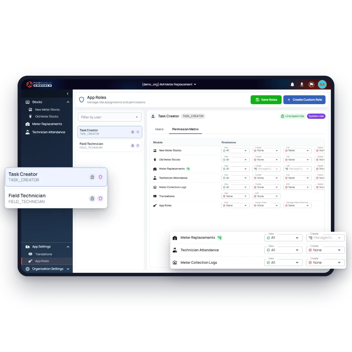 Fieldmaster.ai web console App Roles screen with the Task Creator and Field Technician roles and a permission matrix setting what each role can view, create and edit in every module